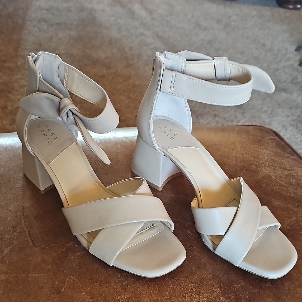 Alex Marie Cream Cross-Strap Ankle Strap Block Heels
